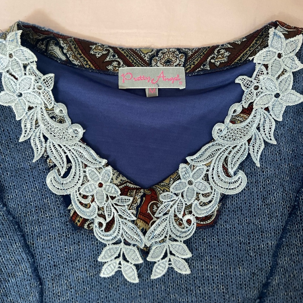 Pretty Angel Boho Fairy Navy Knit Tunic with Paisley Trim - Picture 3 of 5